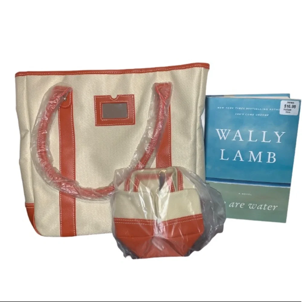 Estee Lauder Orange Leather Trim Cream Shoulder Bag Tote Purse with Pouch